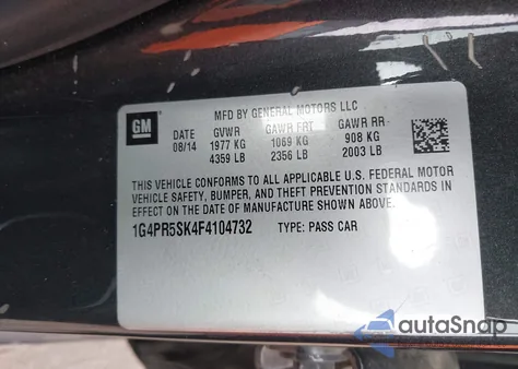2015 Buick Verano Convenience Group из США, поврежденный, VIN 1G4PR5SK4F4104732